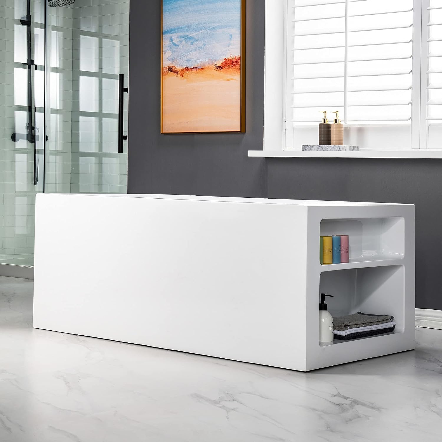 WOODBRIDGE 59' Acrylic Freestanding Bathtub Contemporary Soaking White Tub with Oil Rubbed Bronze Overflow and Drain，BTA0081-ORB-Drain&O