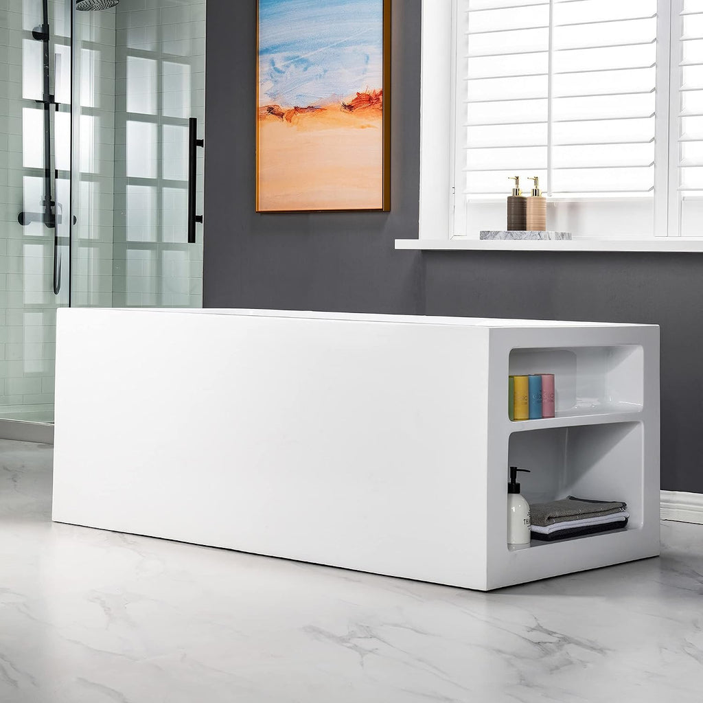 WOODBRIDGE 59' Acrylic Freestanding Bathtub Contemporary Soaking White Tub with Chrome Overflow and Drain，BTA0081-C-Drain&O