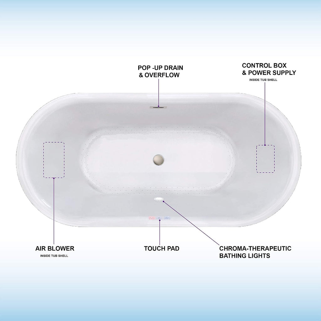 WOODBRIDGE 67' Acrylic Freestanding Bathtub Contemporary Soaking White Tub with Brushed Nickel Overflow and Drain,White,B0101-B