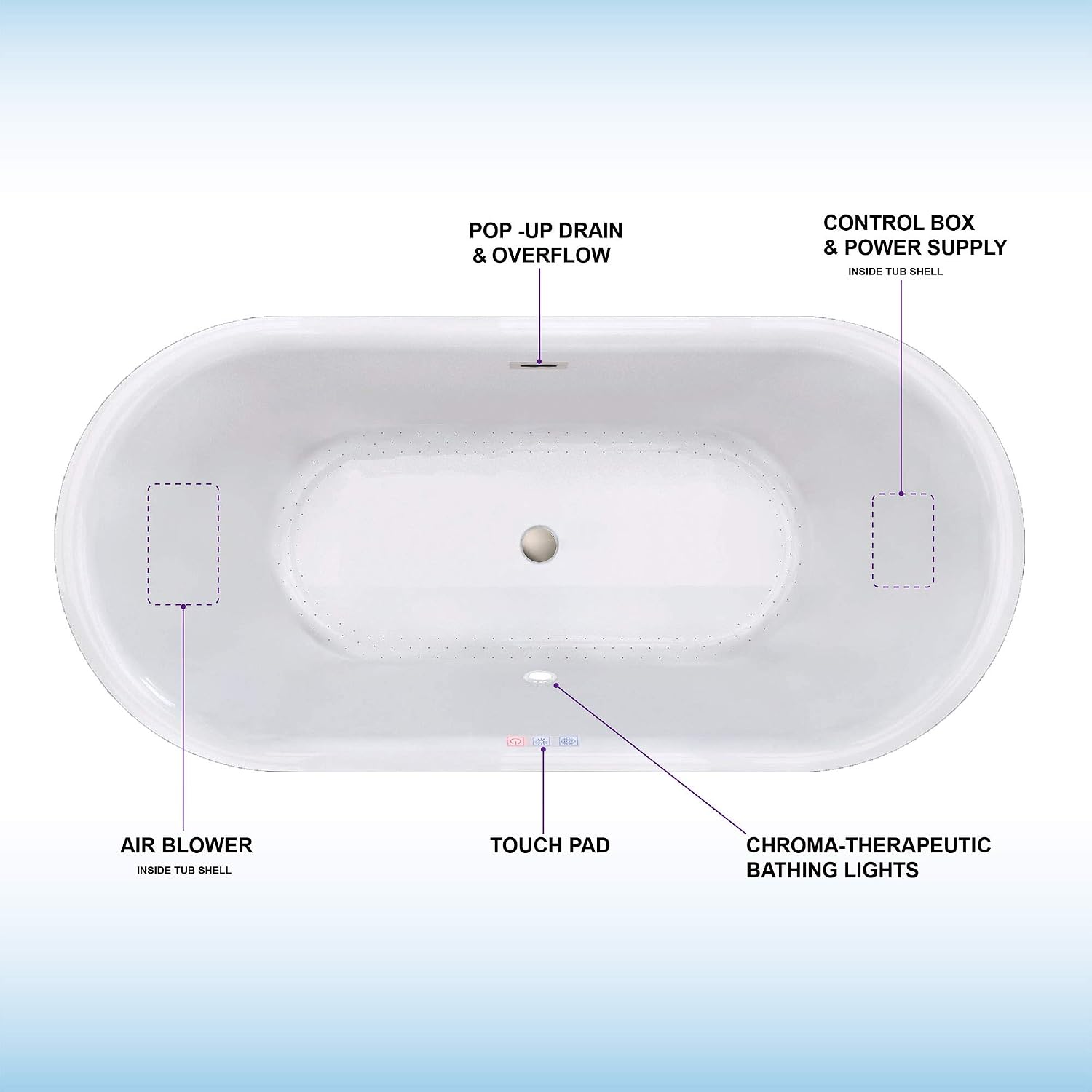 WOODBRIDGE 67' Acrylic Freestanding Bathtub Contemporary Soaking White Tub with Brushed Nickel Overflow and Drain,White,B0101-B