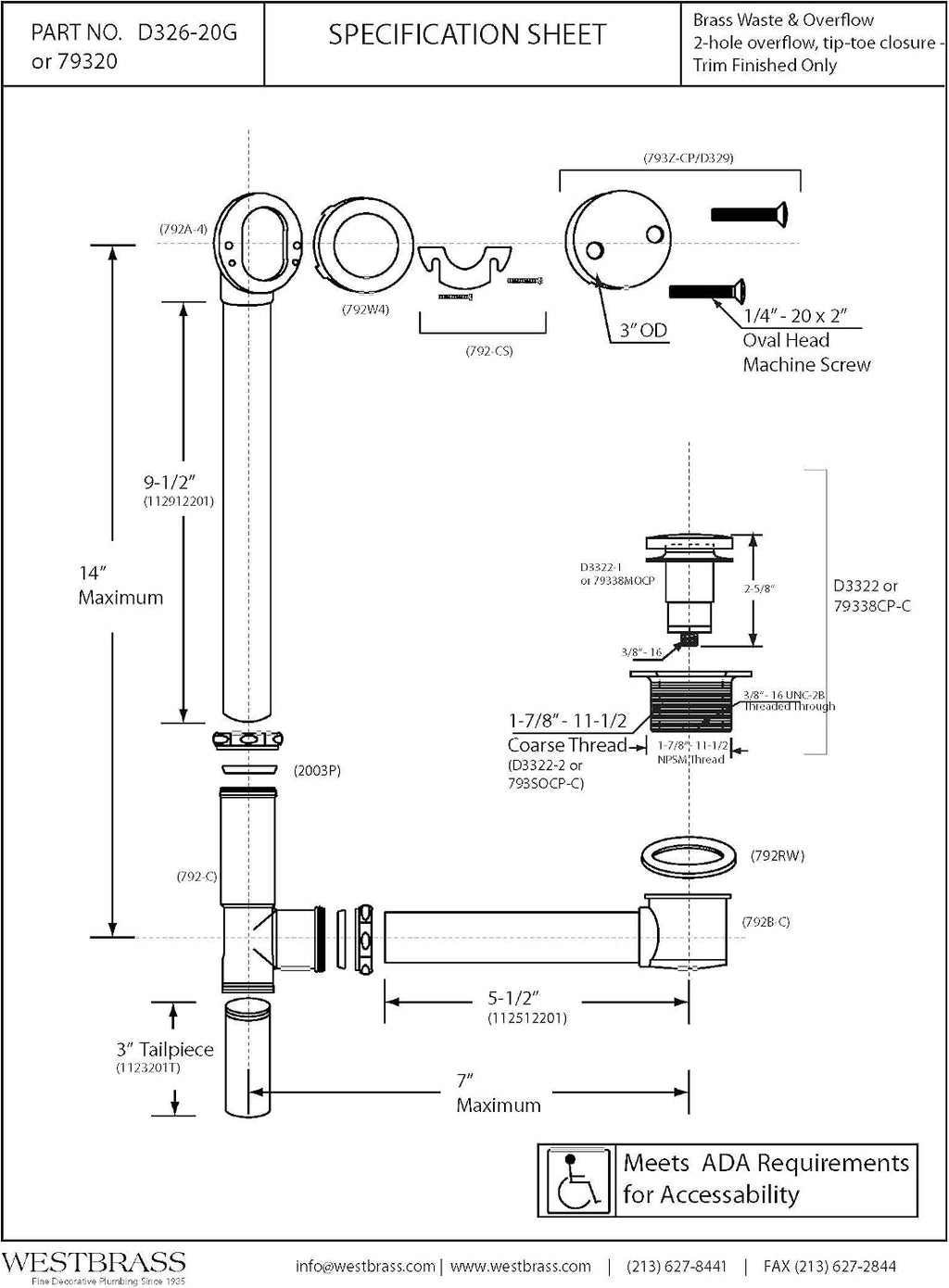 Westbrass A326-62 22-1/2' Brass Bath Waste & Overflow Assembly with Tip-Toe Drain Plug and 2-Hole Faceplate, Matte Black