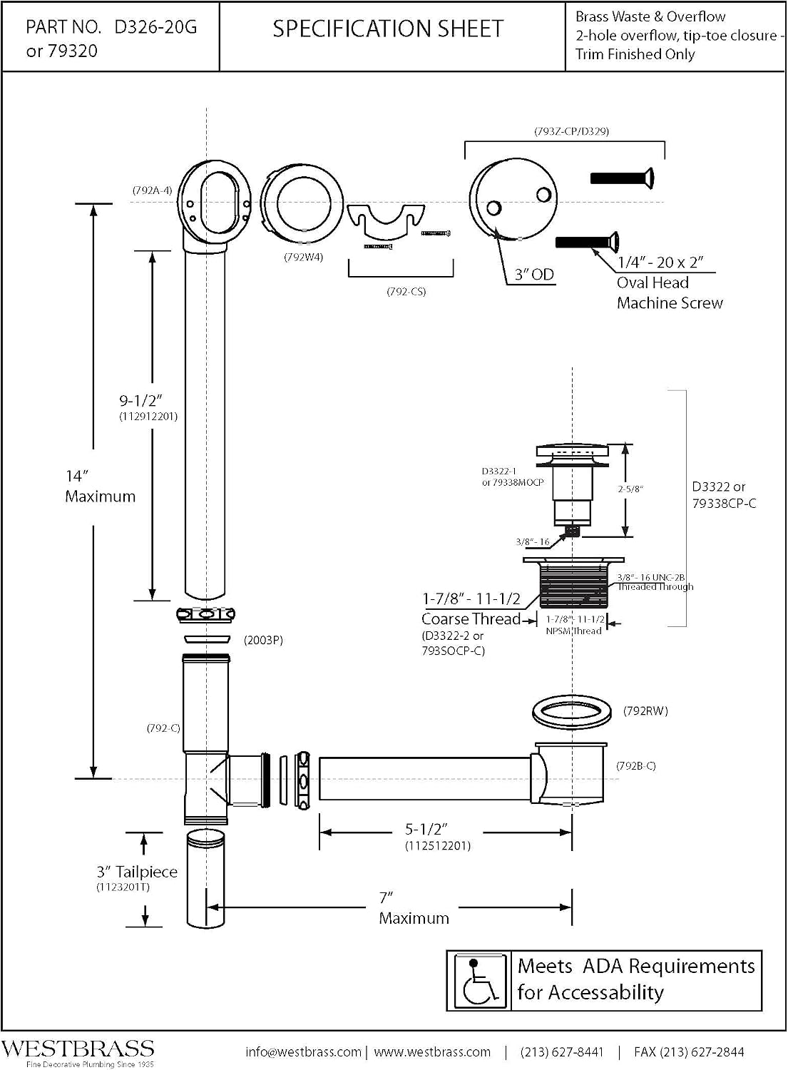 Westbrass A326-62 22-1/2' Brass Bath Waste & Overflow Assembly with Tip-Toe Drain Plug and 2-Hole Faceplate, Matte Black