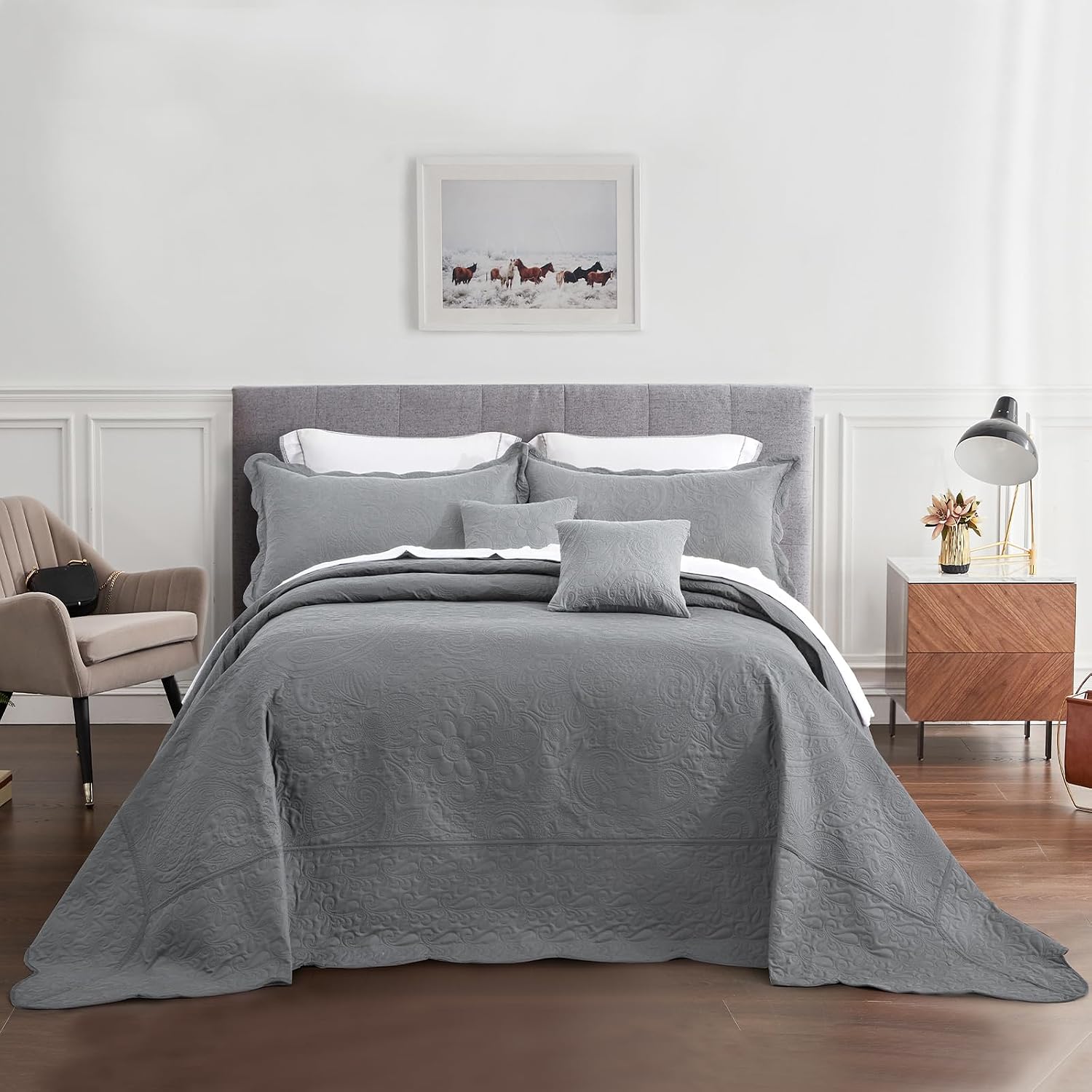 Oversized King Bedspread 128x120 Extra Wide, Ultrasonic Lightweight Bedding Cover, Paisley Pattern, Reversible, 5 Piece, 100% Microfiber, Grey