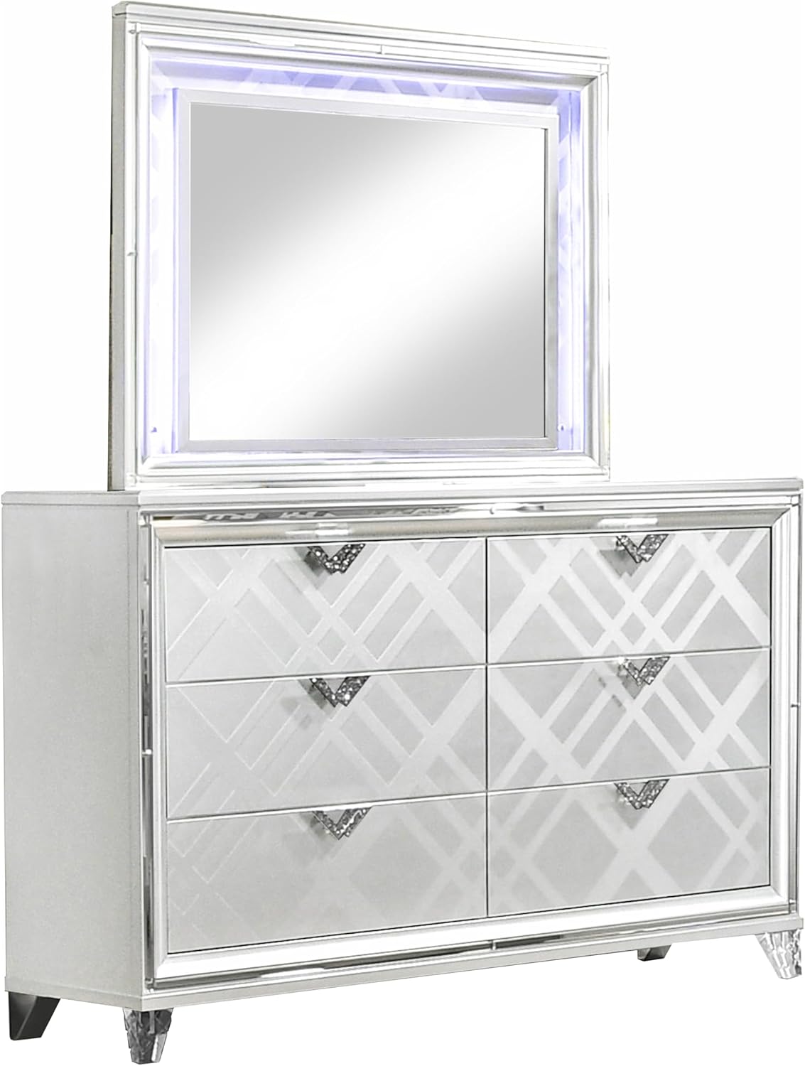 HOMES: Inside + Out Quasar Modern Wood 5-Piece Bedroom Set with LED Lights in Headboard and Mirror, USB Charger Behind Nightstand, Hidden Jewelry Drawers for Bedroom, California King, White