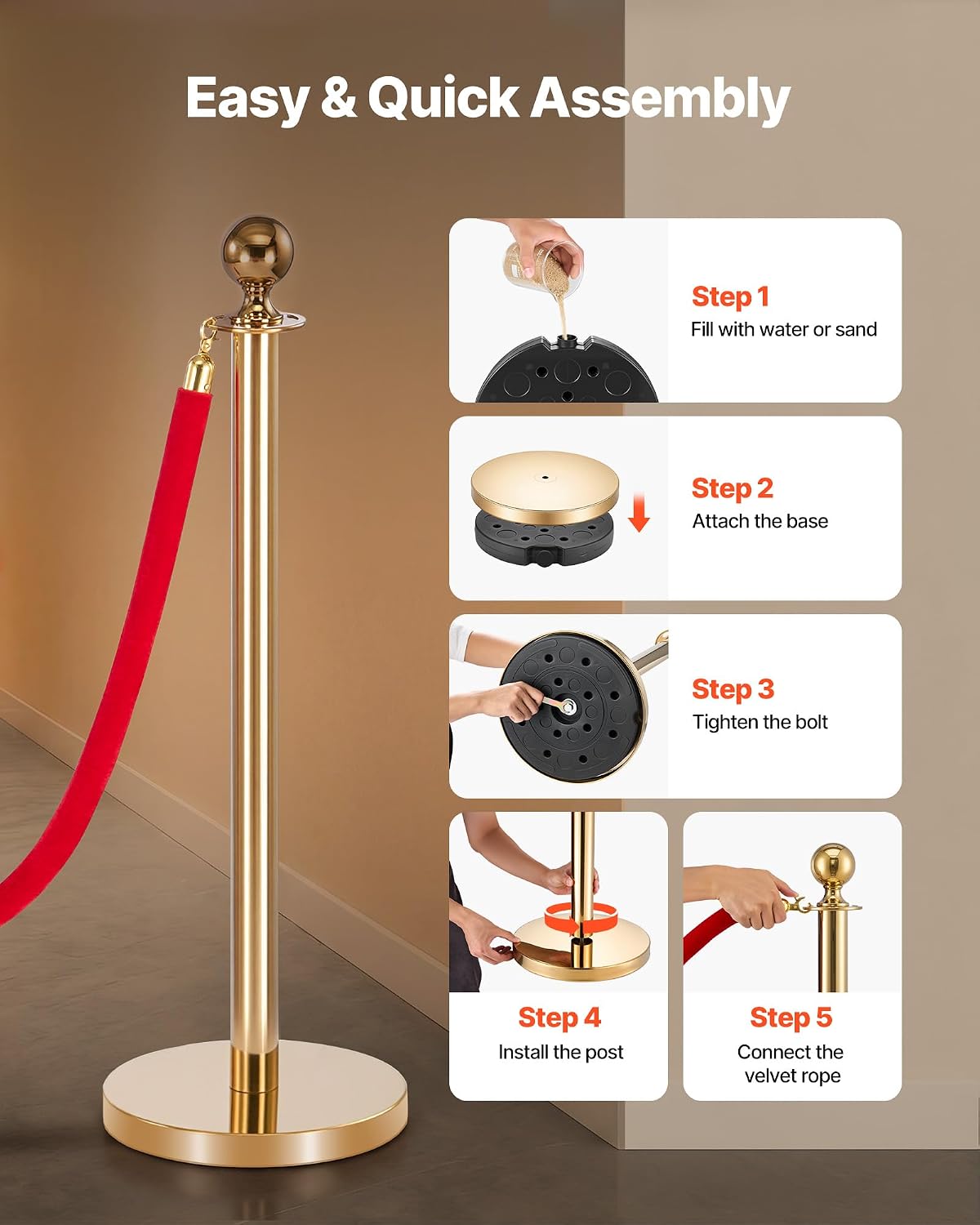 VEVOR Stanchions and Velvet Ropes 8Pcs, Hollow Base with Stainless Steel Post & 32.81ft Carpet, 6 Red Velvet Ropes, Crowd Control Barriers Gold Stanchions, Red Carpet Runner Poles for Party Supplies