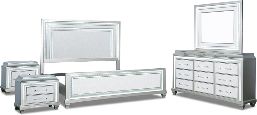 Furniture of America Silvia Glam Solid Wood 5-Piece Bedroom Set with Layered Frame Bed, Faux Crystal Trim LED on Nightstands and Dresser with Mirror, Box Spring Needed for Bedroom, King, Silver