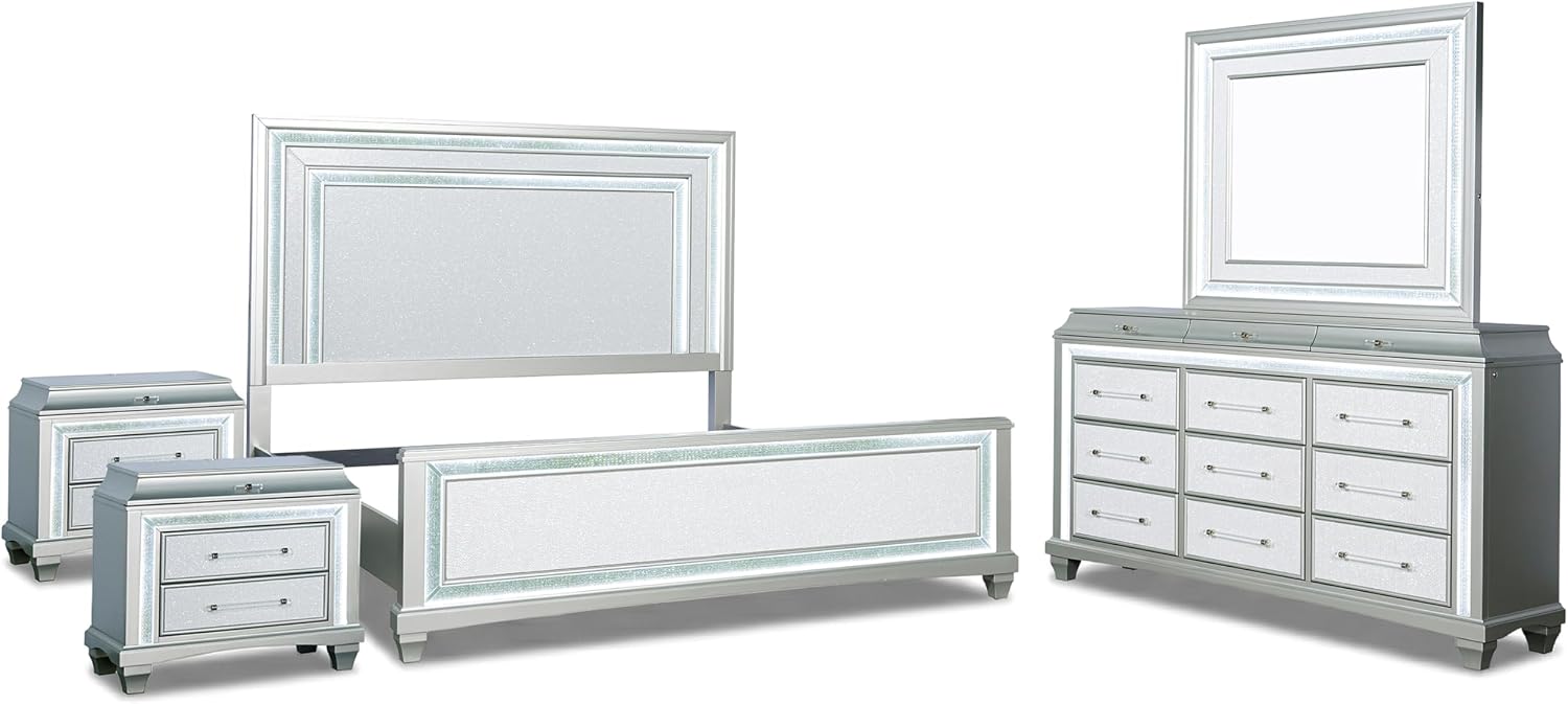 Furniture of America Silvia Glam Solid Wood 5-Piece Bedroom Set with Layered Frame Bed, Faux Crystal Trim LED on Nightstands and Dresser with Mirror, Box Spring Needed for Bedroom, King, Silver