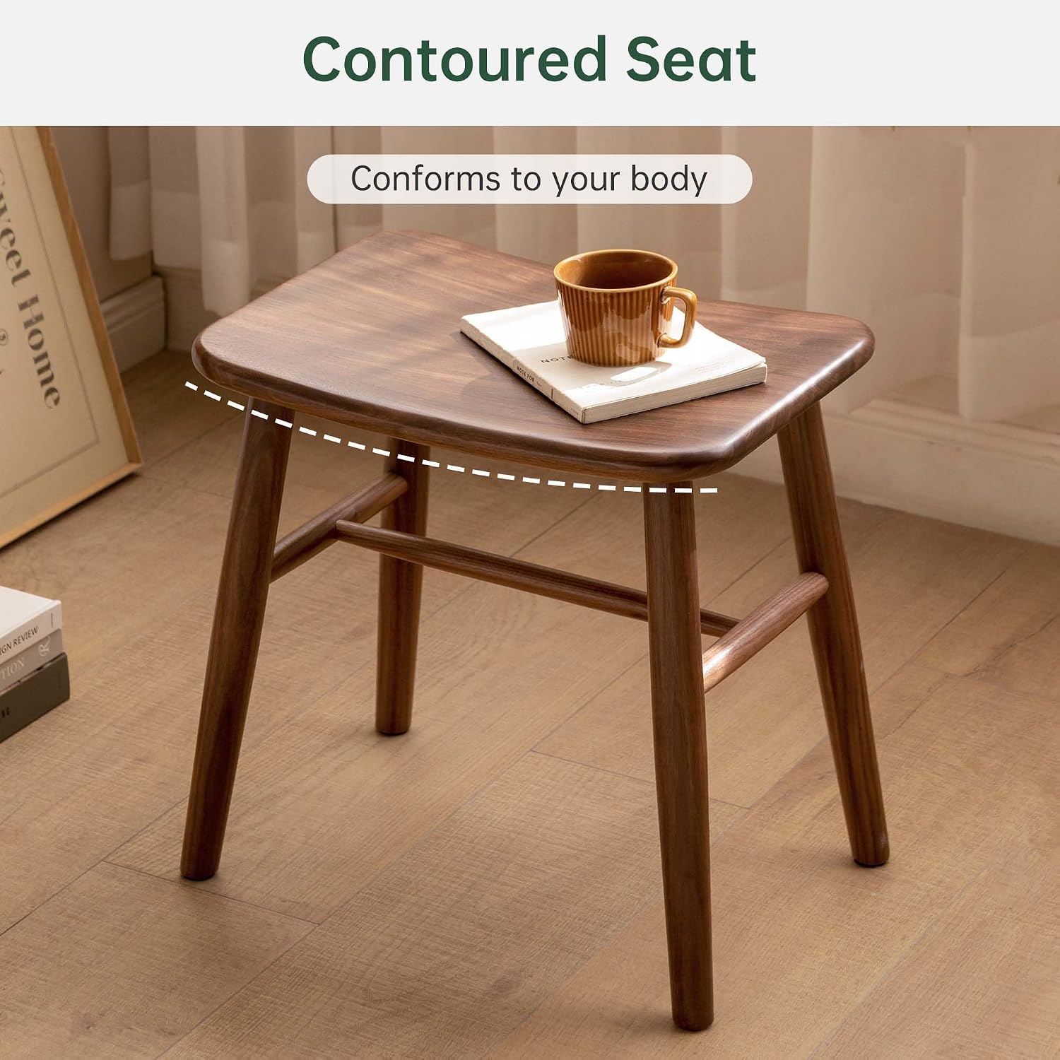 YESWOOD Small Vanity Stool, Black Walnut Wood Makeup Chair, Curved Surface Footstool for Bedroom, Dining Room, Entryway, Walnut Color