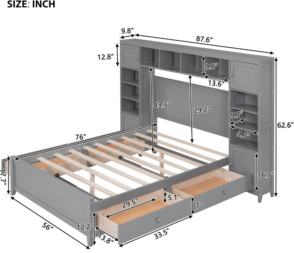 Harper & Bright Designs Full Size Platform Bed with Bookcase Headboard and 4 Storage Drawers, Solid Wood Bed Frame with Cabinet and Bookshelf, No Box Spring Needed - Gray