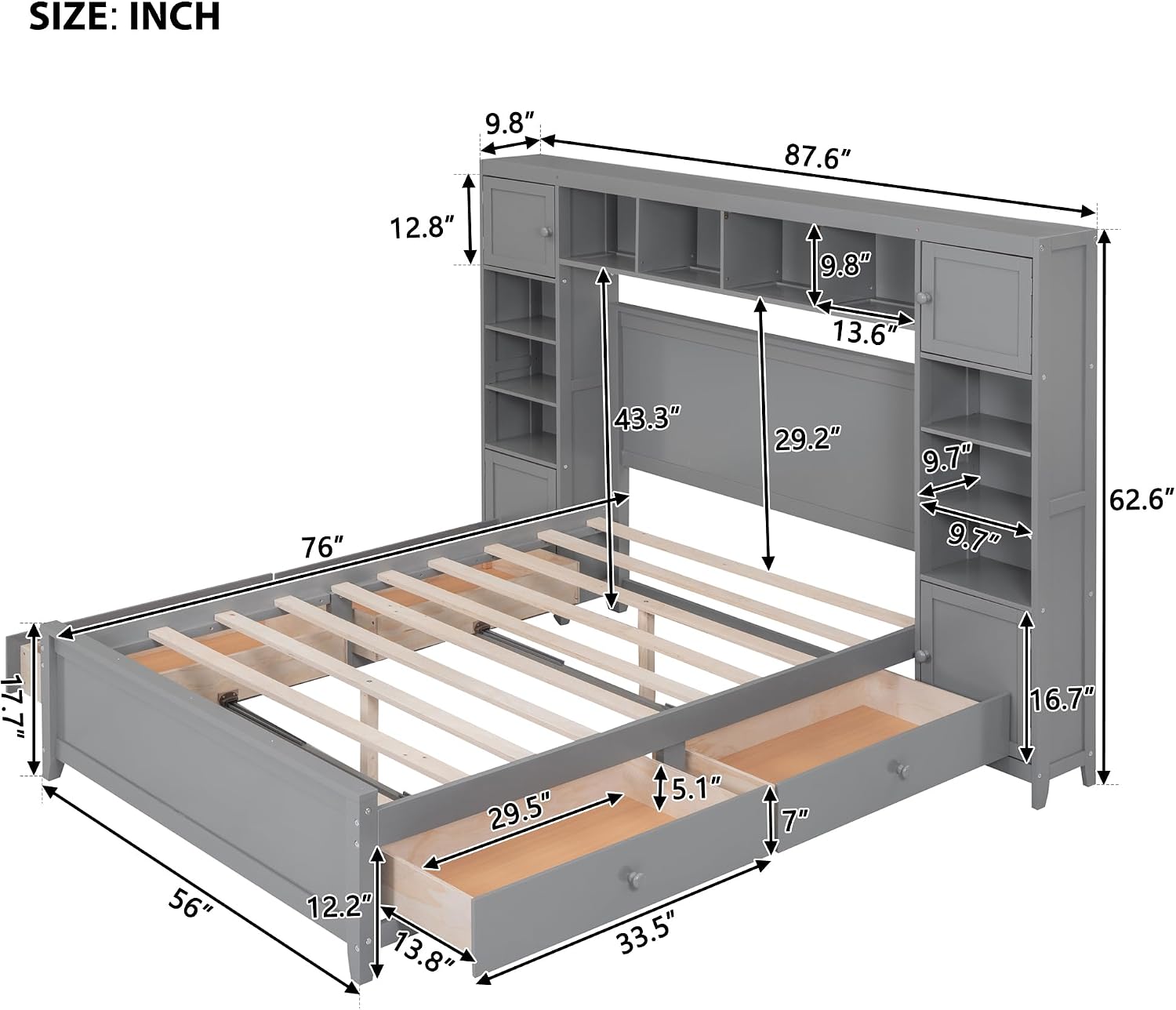 Harper & Bright Designs Full Size Platform Bed with Bookcase Headboard and 4 Storage Drawers, Solid Wood Bed Frame with Cabinet and Bookshelf, No Box Spring Needed - Gray
