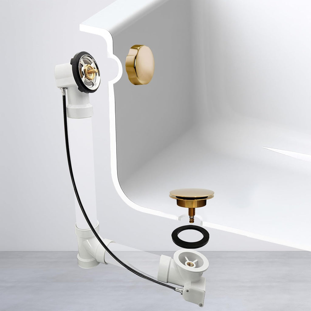 Westbrass A50P45-01 45' SCH. 40 PVC Cable Driven Bath Drain Trim Kit with Rotary Overflow Cover Knob and Pop-Up Stopper, Polished Brass