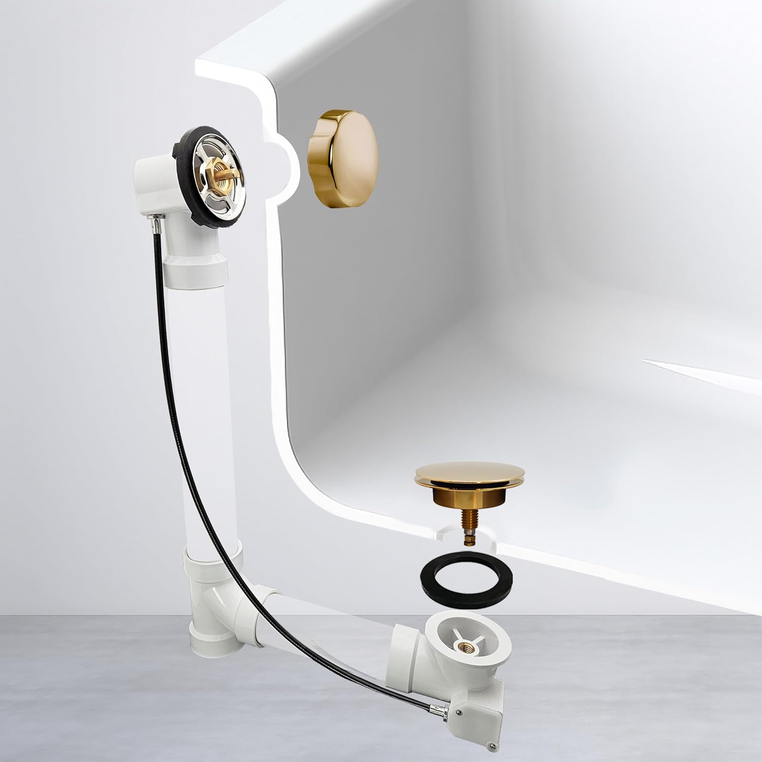Westbrass A50P45-01 45' SCH. 40 PVC Cable Driven Bath Drain Trim Kit with Rotary Overflow Cover Knob and Pop-Up Stopper, Polished Brass