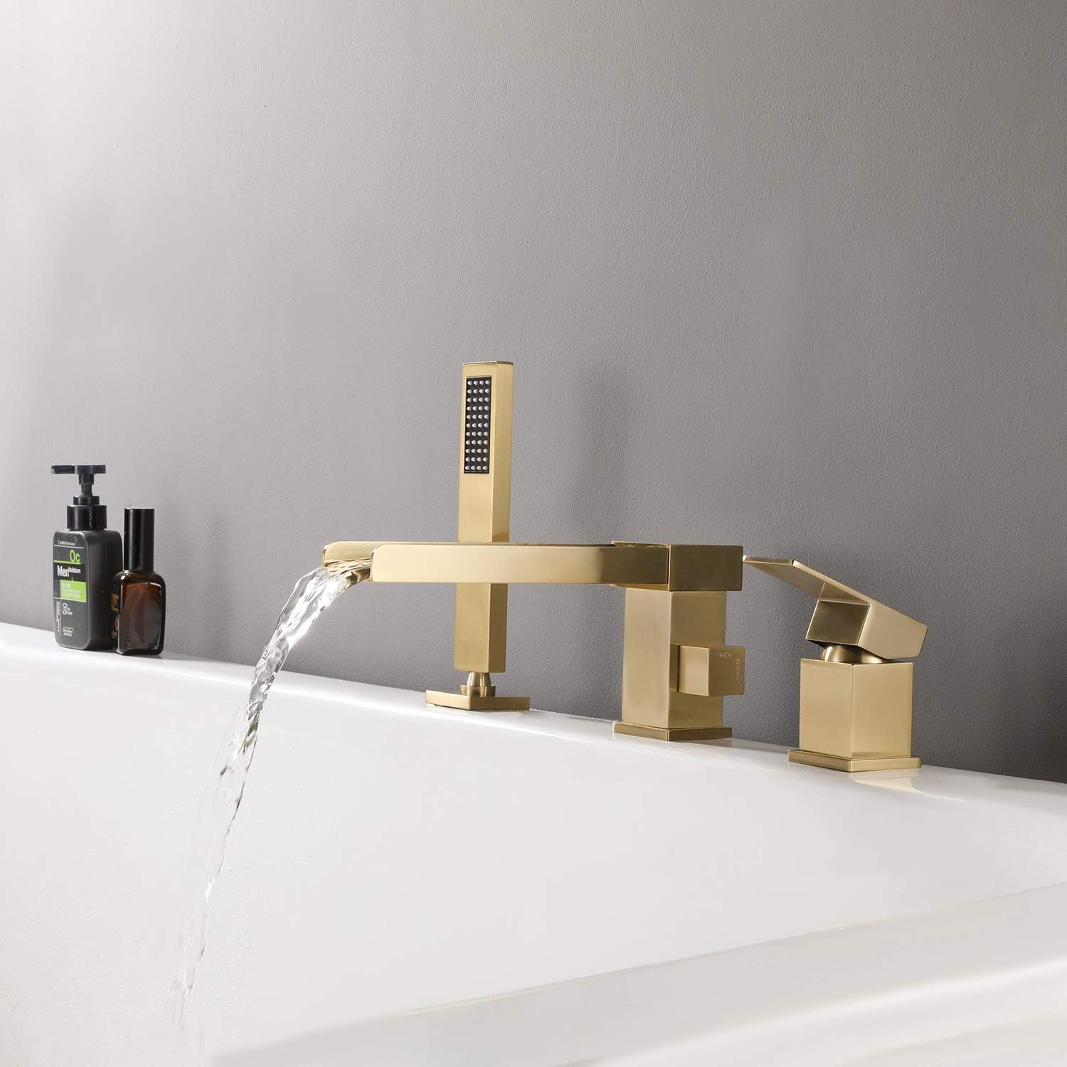 Waterfall Roman Tub Faucet with Hand Shower, Brass Bathtub Faucet Deck Mount Tub Filler Faucets with Sprayer Brushed Gold