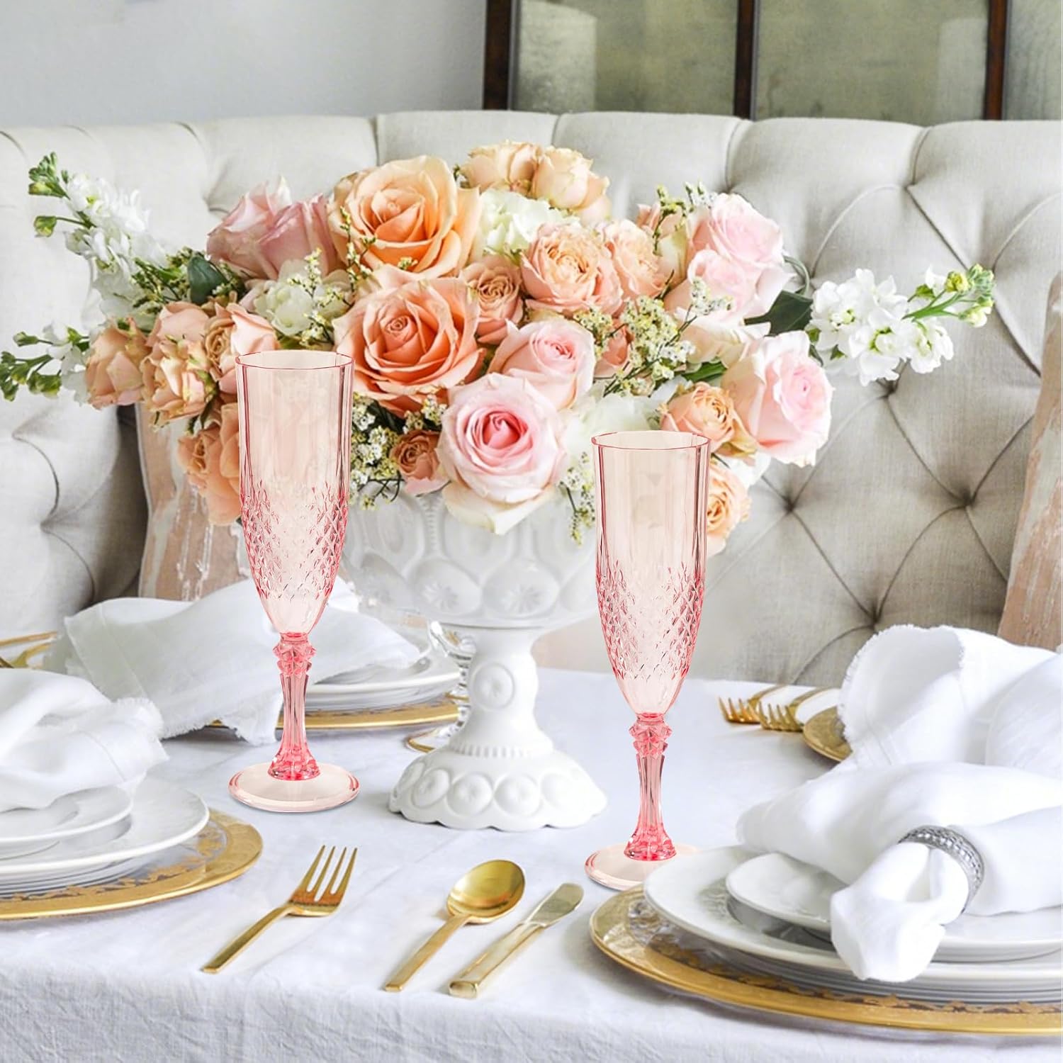 100PCS Plastic Champagne Flutes,7.1Oz Acrylic Pink Wine Glasses Goblets Reusable Drinking Champagne Glasses for Wedding ,Shatterproof and Disposable Cups Plastic Goblets Grand Event Party Supplies