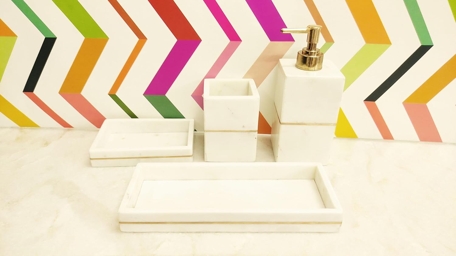 Marble Bathroom Accessories Set, Marble Soap Dispenser, Marble Decorative Small Tray, Marble Decorative Big Tray, Marble Tooth Brush Holder, Marble Bathroom Set Home Decor (Set of 4 Pieces)