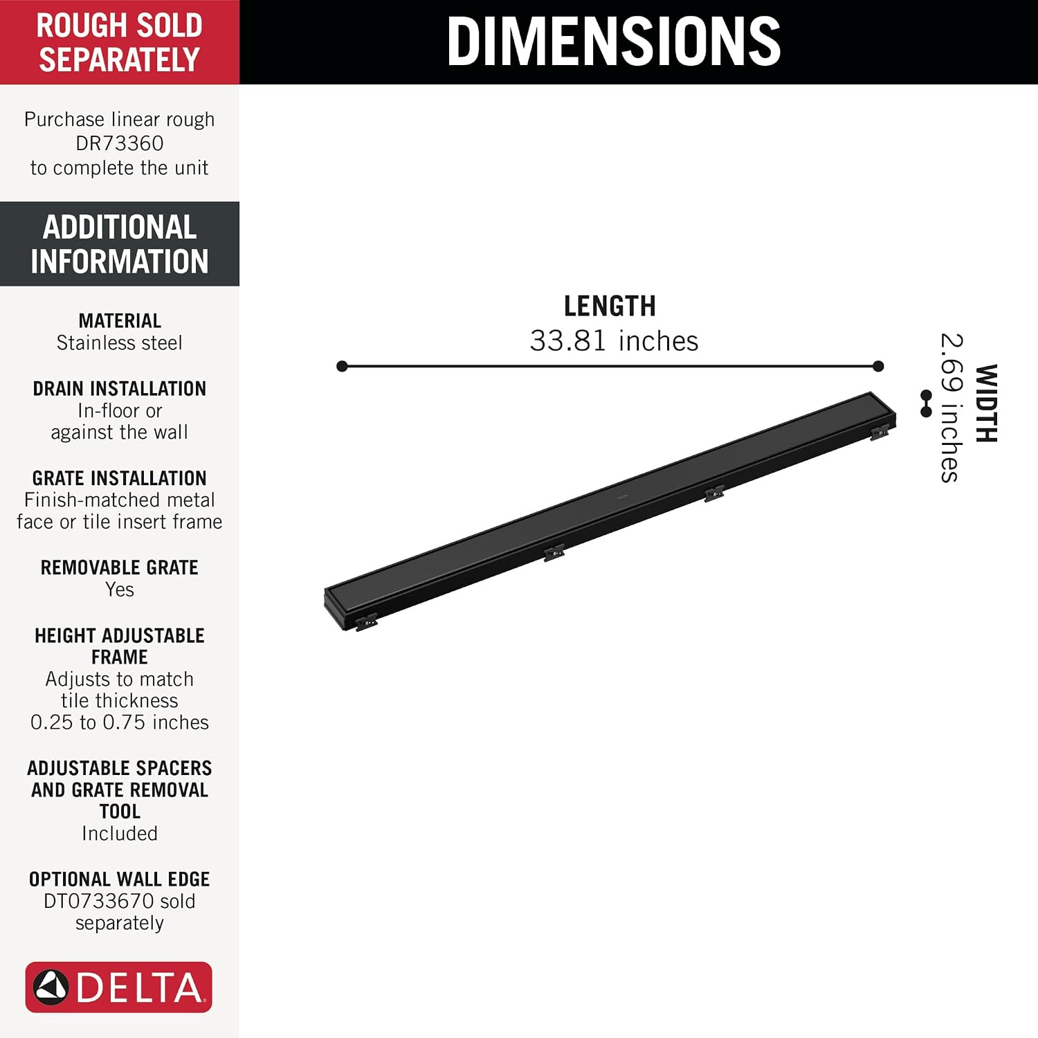 Delta Faucet 36' Reversible Linear Shower Drain Trim in Matte Black