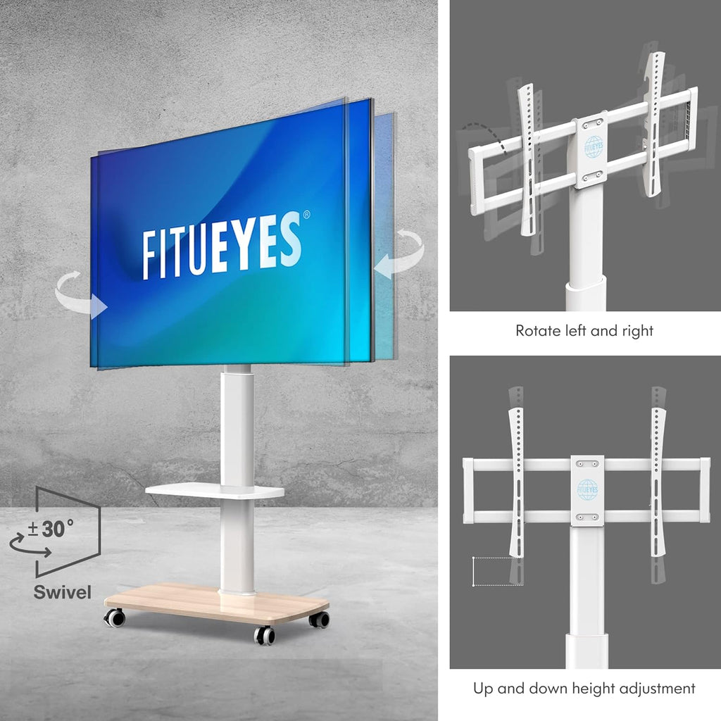 FITUEYES Rolling TV Stand with Power Outlets, Swivel Portable TV Stand for 32-70 Inch LCD LED OLED Flat/Curved Panel Screen TVs, Height Adjustable&Wood Base, Mobile TV Cart with Shelf