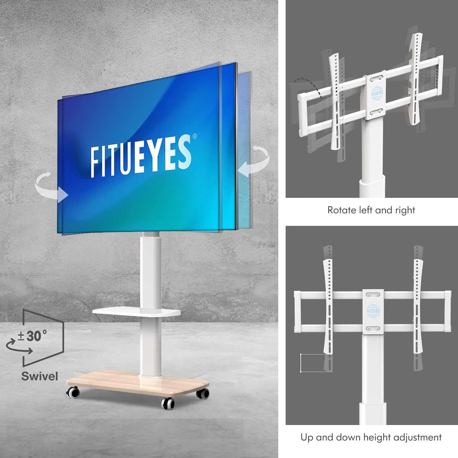 FITUEYES Rolling TV Stand with Power Outlets, Swivel Portable TV Stand for 32-70 Inch LCD LED OLED Flat/Curved Panel Screen TVs, Height Adjustable&Wood Base, Mobile TV Cart with Shelf
