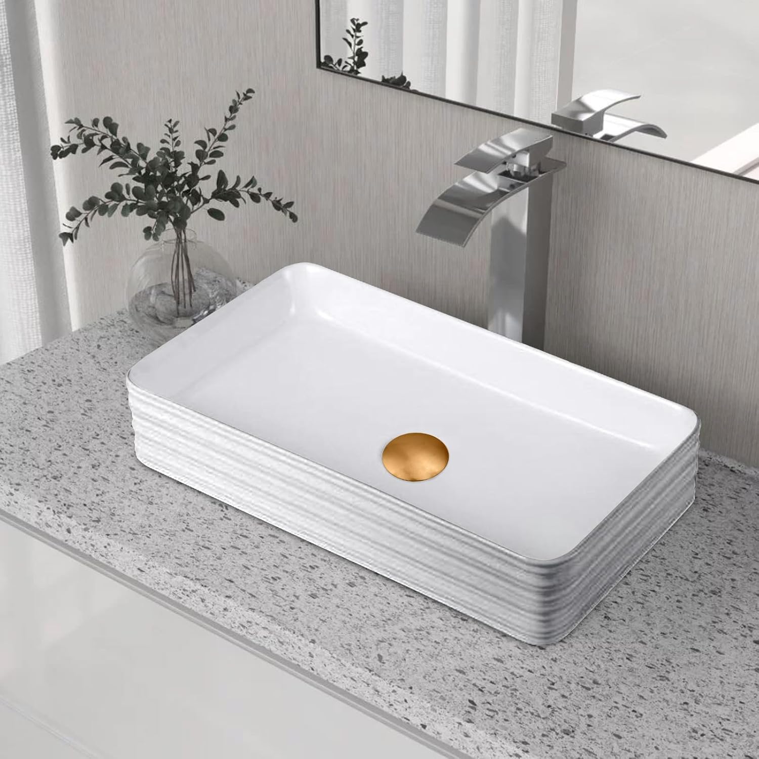 Strictly Sinks 19 Inch Bathroom Vessel Sink – Rectangular White Porcelain Ceramic Countertop Bathroom Sink – Easy to Install Above Counter Luxurious Vessel Sink for Bathroom (19-3/4″ W x 16″ L x 6″ H)