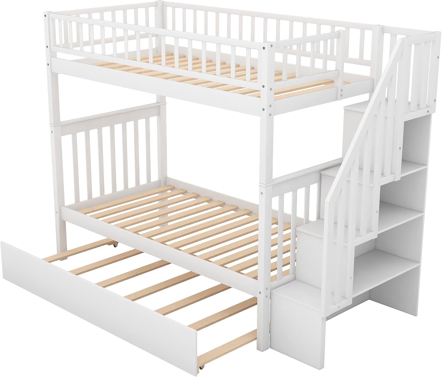 Solid Wood Twin Over Twin Bunk Bed with Trundle, Staircase, 4 Storage Shelves and Guard Rail, Can be Split Into 3 Separate Beds, No Box Spring Needed (White+3 Bed)