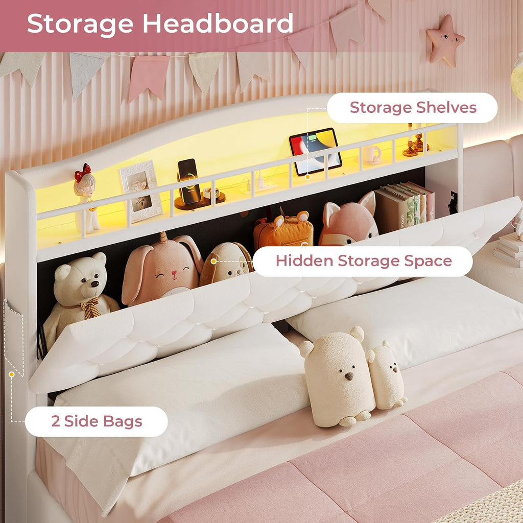 BTHFST Full Bed Frame with Storage Headboard & 4 Drawers, Girl Upholstered Storage Bed with LED Lights & Charging Station, No Box Spring Needed, Easy Assembly, Beige