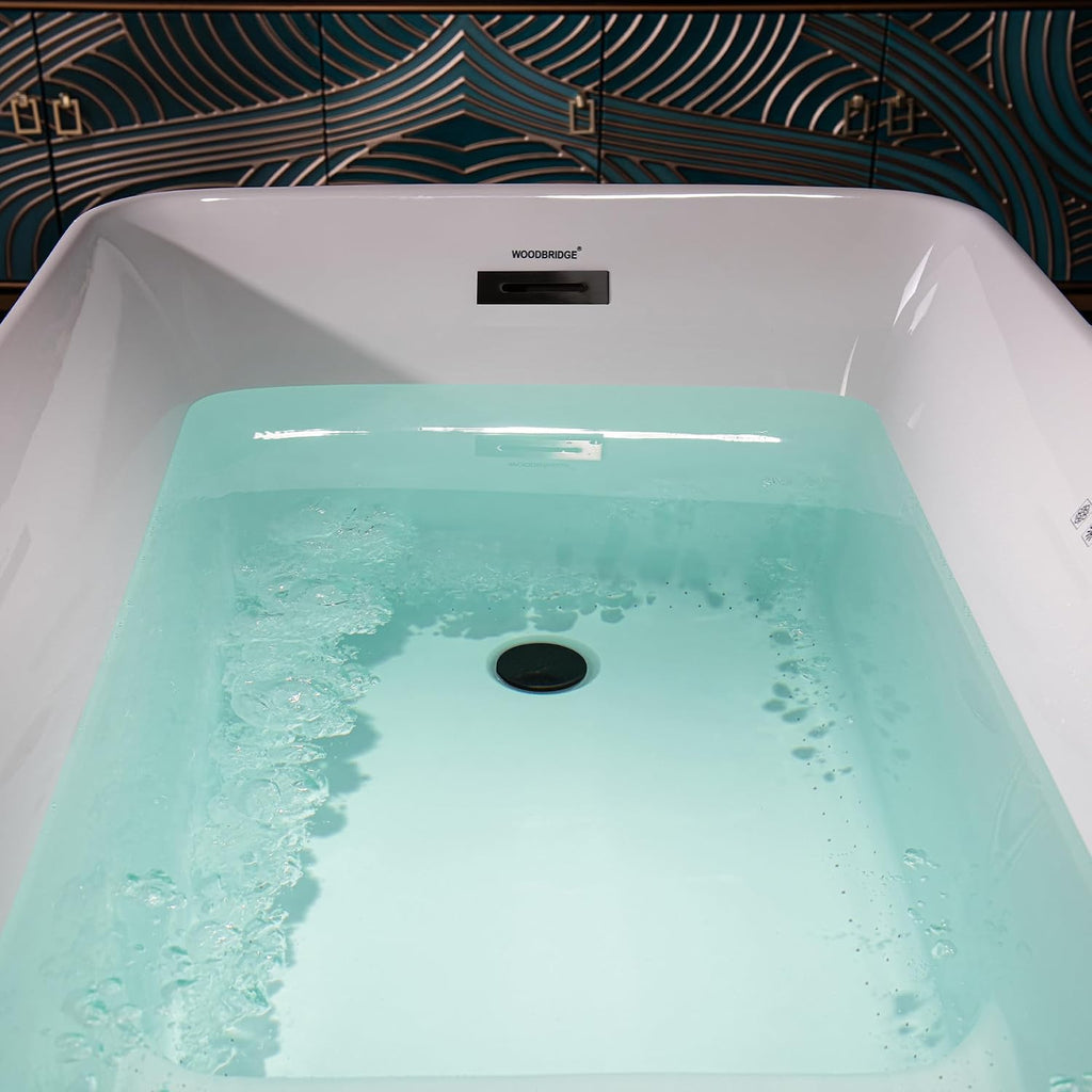 WOODBRIDGE 48' Acrylic Freestanding Rectangular Air Bath Bathtub with Pre-molded Seat and Matte Black Pop-Up Drain and Overflow Option, White, B0170-MB