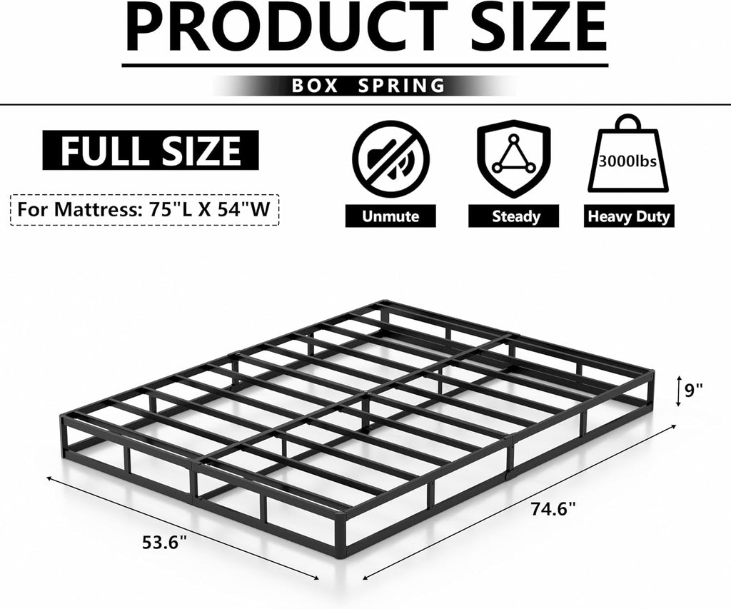 NHODIR 9 Inch Box Spring Full Size Bed Base, Heavy Duty Metal Full Mattress Foundation with Upholstered Fabric Cover, Easy Assembly, Black