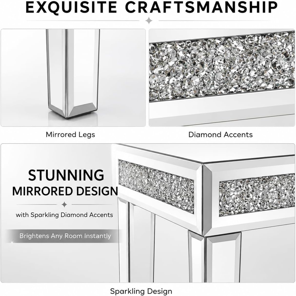 Vanity Stool with Storage – Mirrored Legs, Velvet Cushioned Ottoman, Hidden Compartment, Sparkling Diamond Trim, Glam Makeup Chair & Piano Bench - Silver & Pink