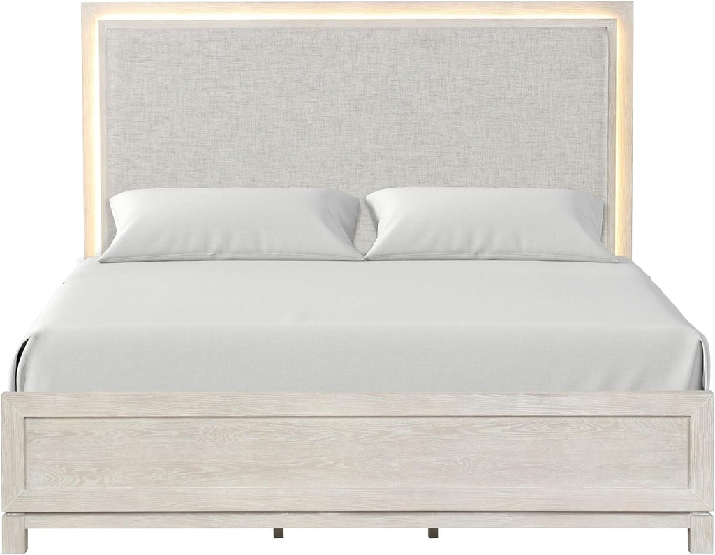 Furniture of America Bailer Modern Solid Wood 5-Piece Bedroom Set with LED on Headboard, Stainless Steal Posts and Marble Top on Nightstand, Box Spring Needed, Queen, Weathered Gray