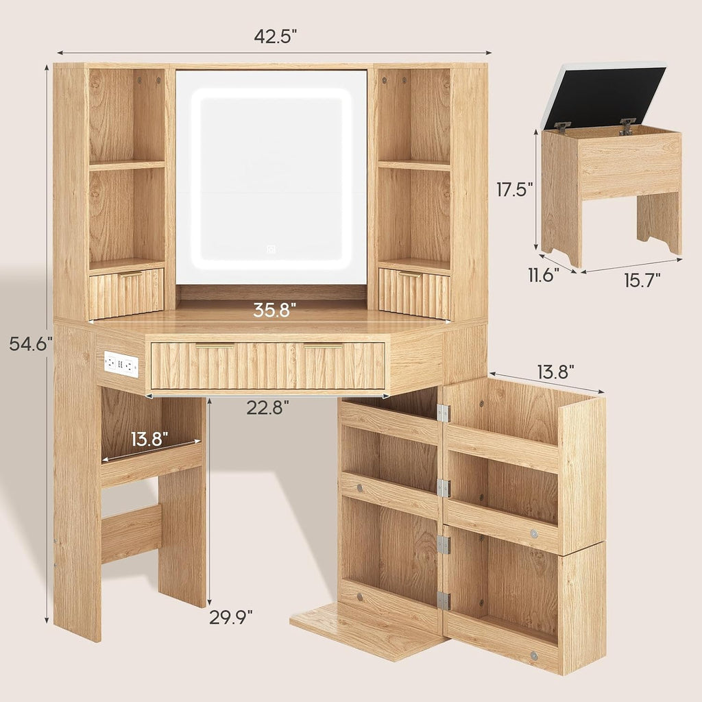 HAUOMS Fluted Corner Vanity Desk with Mirror Lights, Makeup Vanity with Charging Station, Drawers & Rotating Cabinets, Corner Vanity with Storage Bench, for Bedroom, Natural Wood