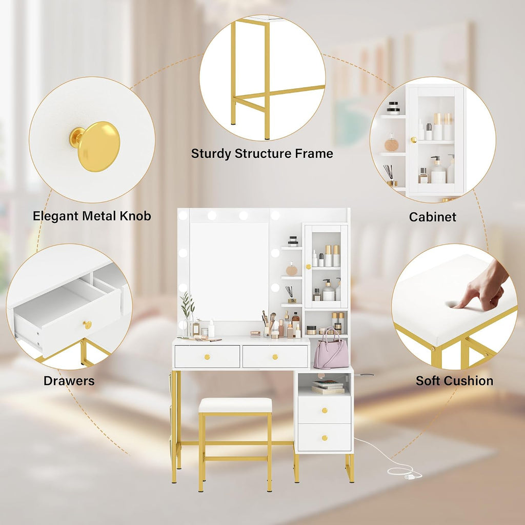 YIKEHOME Makeup Vanity Desk with Mirror, LED Lights and Power Outlet Vanity Table Set with Large Drawers and and Charging Station for Bedroom Dressing Room White