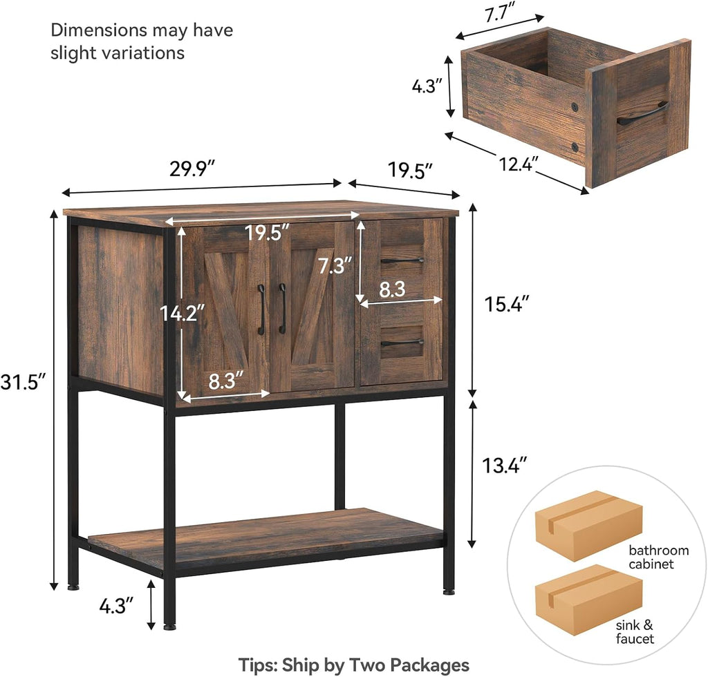 YOURLITE Bathroom Vanity, 30' Farmhouse Bathroom Vanity with Sink Combo Set, Rustic Brown Modern Wood Cabinet with Black-White Gradient Boat Sink