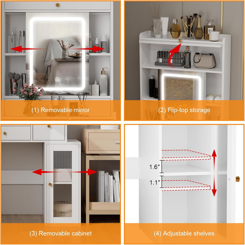 ARTETHYS Small Vanity Desk with Sliding Mirror and Lights White Makeup Vanities Set with Drawers Compact Dressing Table with Cabinet and Adjustable Shelves for Bedroom