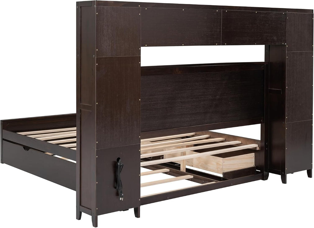 Polibi Queen Size Bed Frame with Bookcase Headboard,2 Storage Drawers and Trundle,Wooden Platform Bed Queen Size with All-in-One Cabinet, Shelf and Sockets,Espresso