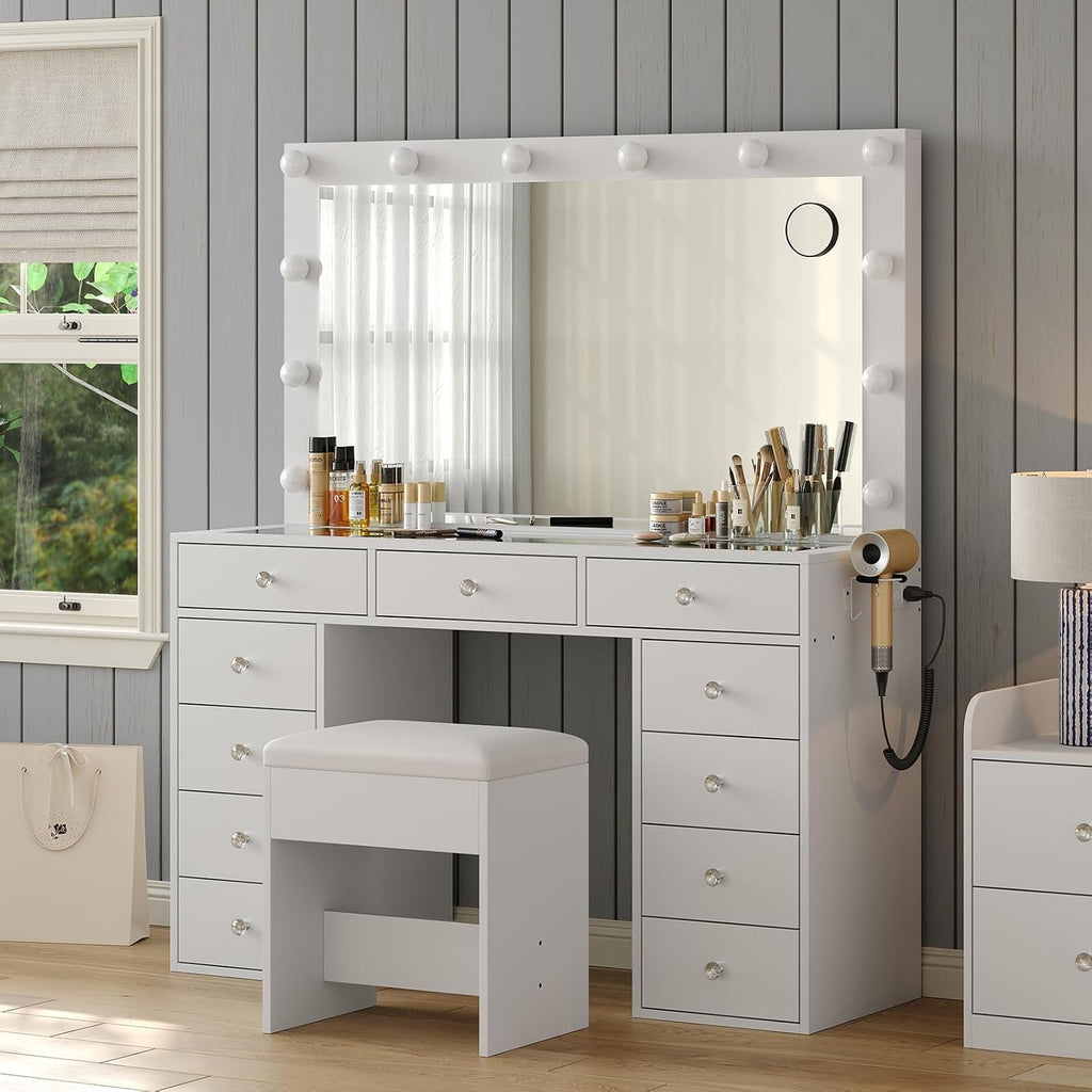 FUSOU Vanity Desk with Power Outlet, Makeup Vanity with Mirror and 12 LED Lights, 3 Lighting Modes,11 Drawers Vanity Table with Chair, Glass Top, Dressing Table for Bedroom,Dressing Room, White