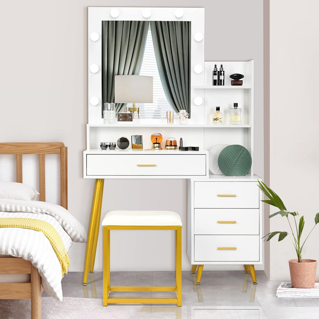 VINGLI Vanity Set with Lighted Mirror，Makeup Vanity Table Set with 9 LED Lighting Bulbs, Storage Shelf & Drawers and Stool for Women & Girls, Modern Dressing Table for Bedroom, White & Gold