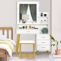 VINGLI Vanity Set with Lighted Mirror，Makeup Vanity Table Set with 9 LED Lighting Bulbs, Storage Shelf & Drawers and Stool for Women & Girls, Modern Dressing Table for Bedroom, White & Gold