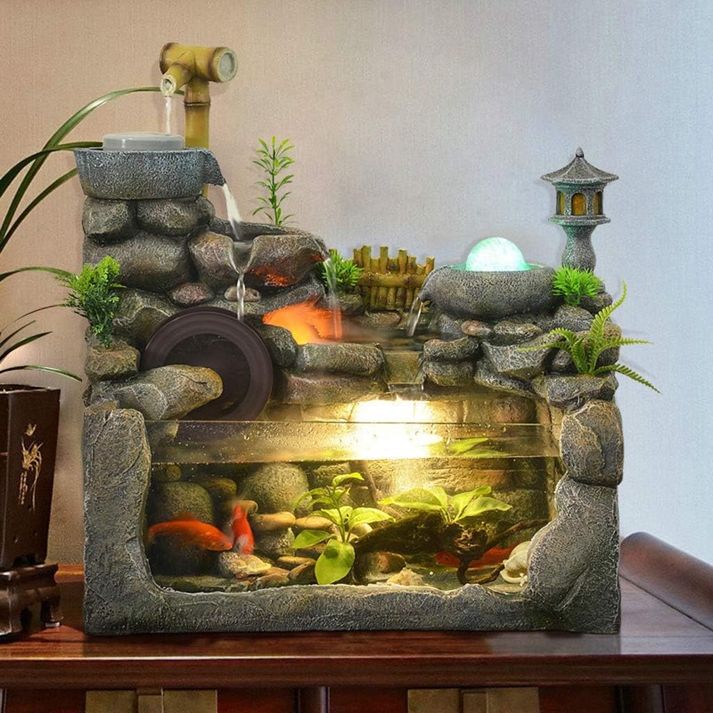 Table Fountain Resin Tabletop Fountain Desktop Fountain and Fish Tank Indoor Decoration Rockery Fish Pond Water Fountain Atomization Humidification Natural Landscape