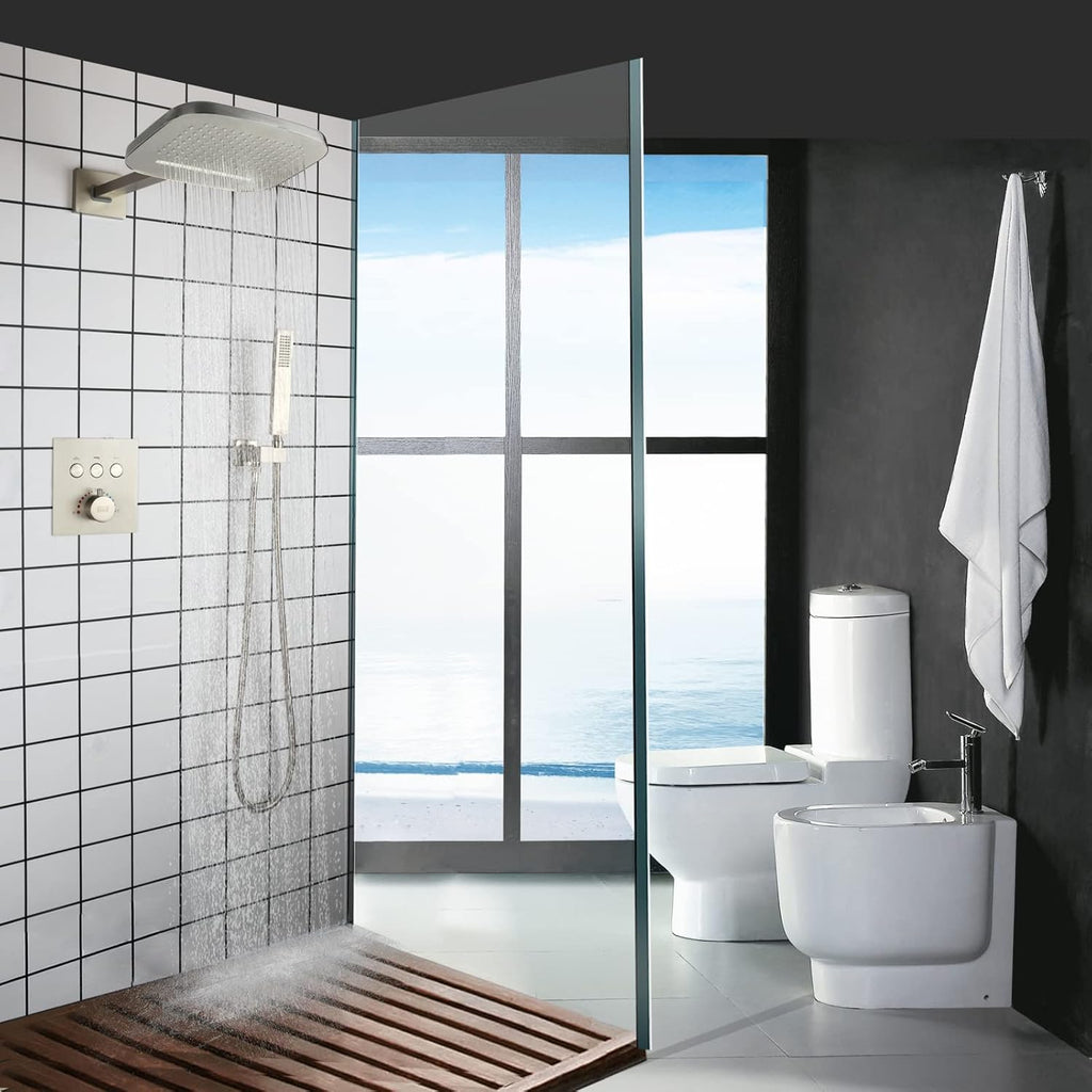 cUPC Certificatin Thermostatic Waterfall Rain Shower System With Headheld Spray Brass Wall Mounted Rainfall Shower Head (Can Use All Options at A Time)