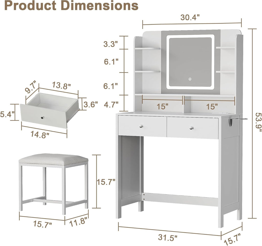 White Vanity with Lighted Mirror, 8 Shelves, 2 Drawers, Charging Station, Hair Dryer Holder & Stool, LED Mirror with 3 Light Modes