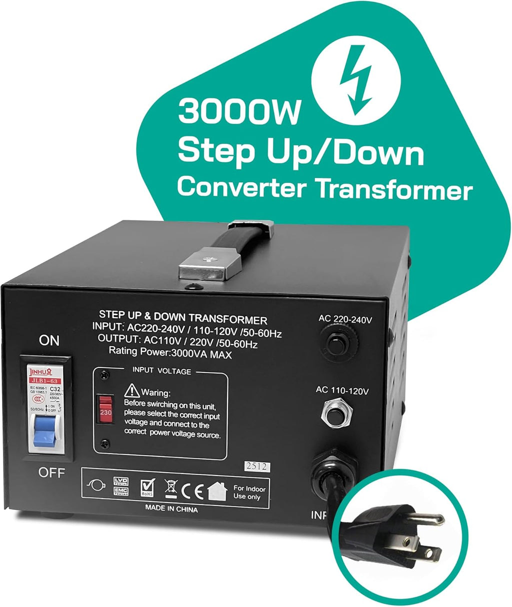 LiteFuze LT Series 3000 Watt Voltage Converter Transformer Step Up/Down - 110v to 220v / 220v to 110v Power Converter - Fully Grounded Cord - Universal Socket, CE Certified