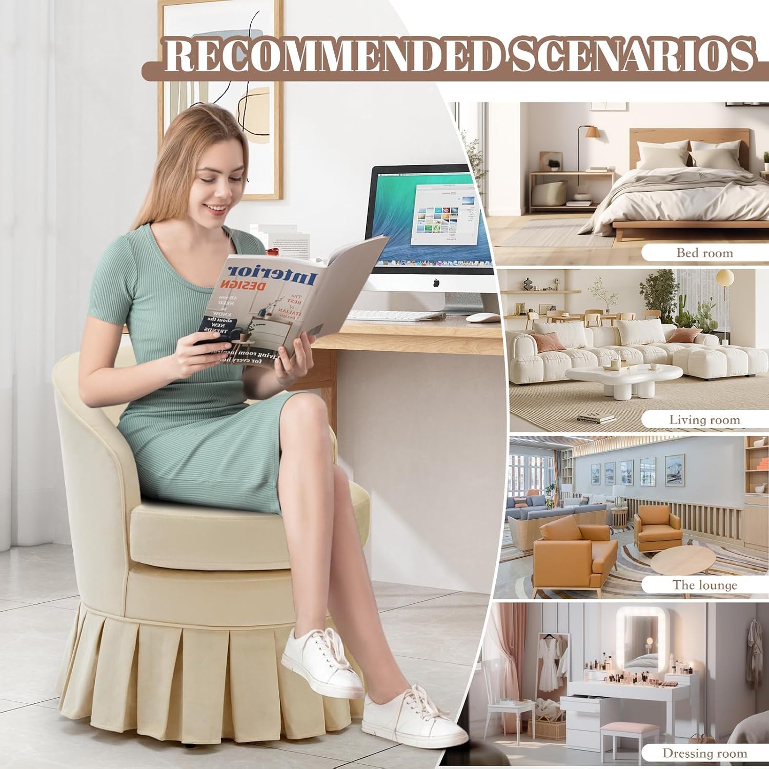 GarveeHome Vanity Stool, Upholstered Tall Back Arm Chair w/Side Pockets, Wood Legs Comfortable Dressing Piano Bench Chair for Vanity for Makeup Room, Bathroom