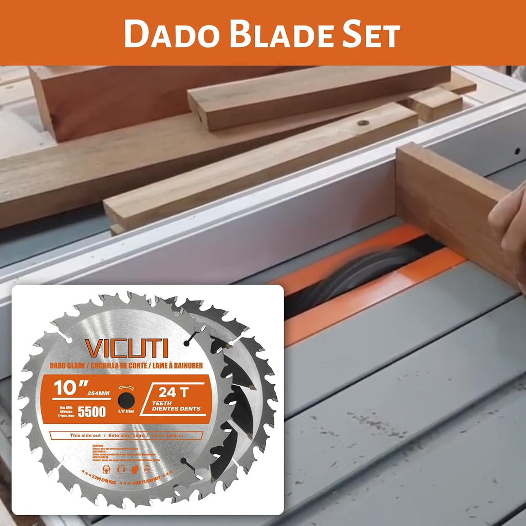 10'' Stacking Dado Blade Set, Dado Blades for 10 Inch Table Saw 24-Tooth, Fine Finished Dados, Grooves, and Rabbets, 5/8-Inch Arbor, Grooves from 1/4' to 13/16' Inch, 23 Pieces