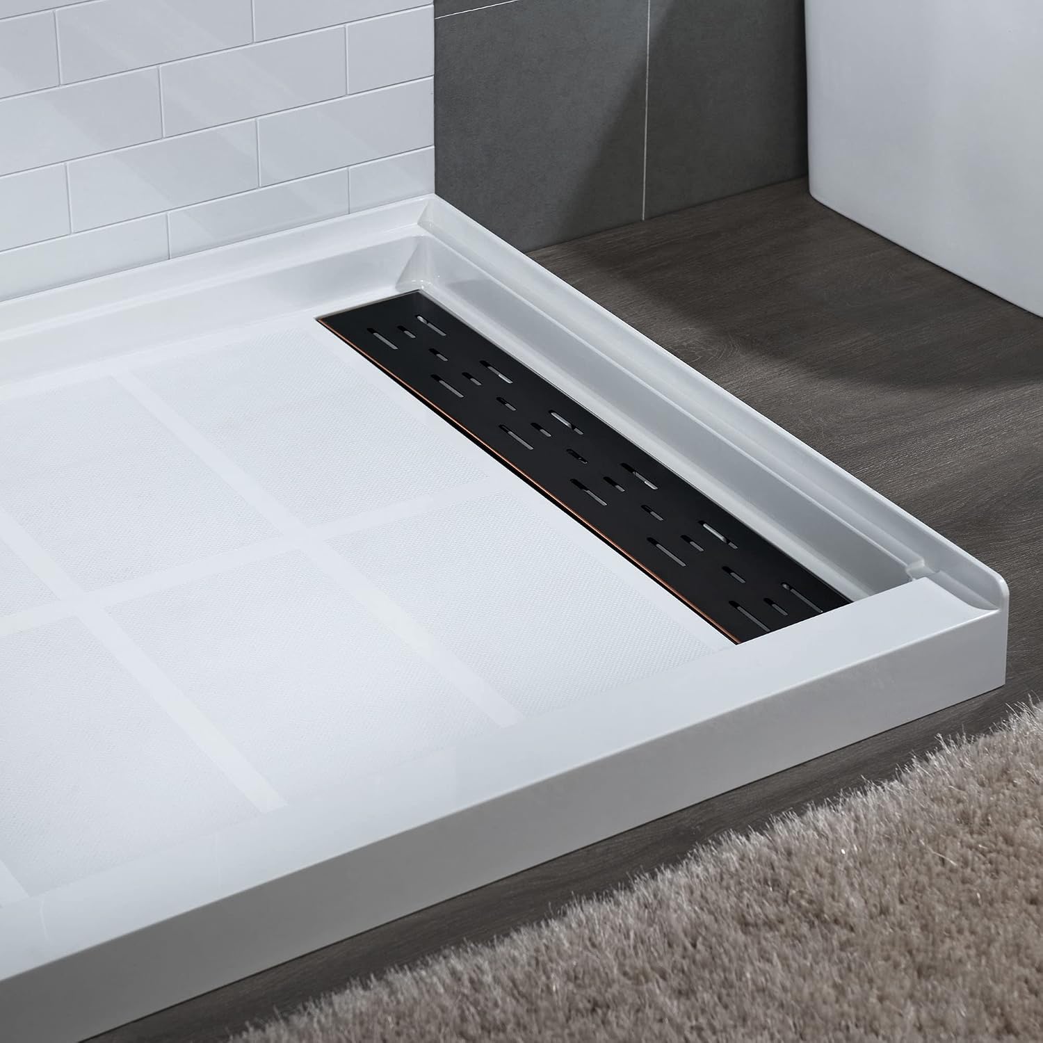 WOODBRIDGE Solid Surface Shower Base with Recessed Trench Side Including Oil Rubbed Bronze Linear Drain Cover L x W x H, 60'L x 30'Wx 4'H,Right Drain,White Color