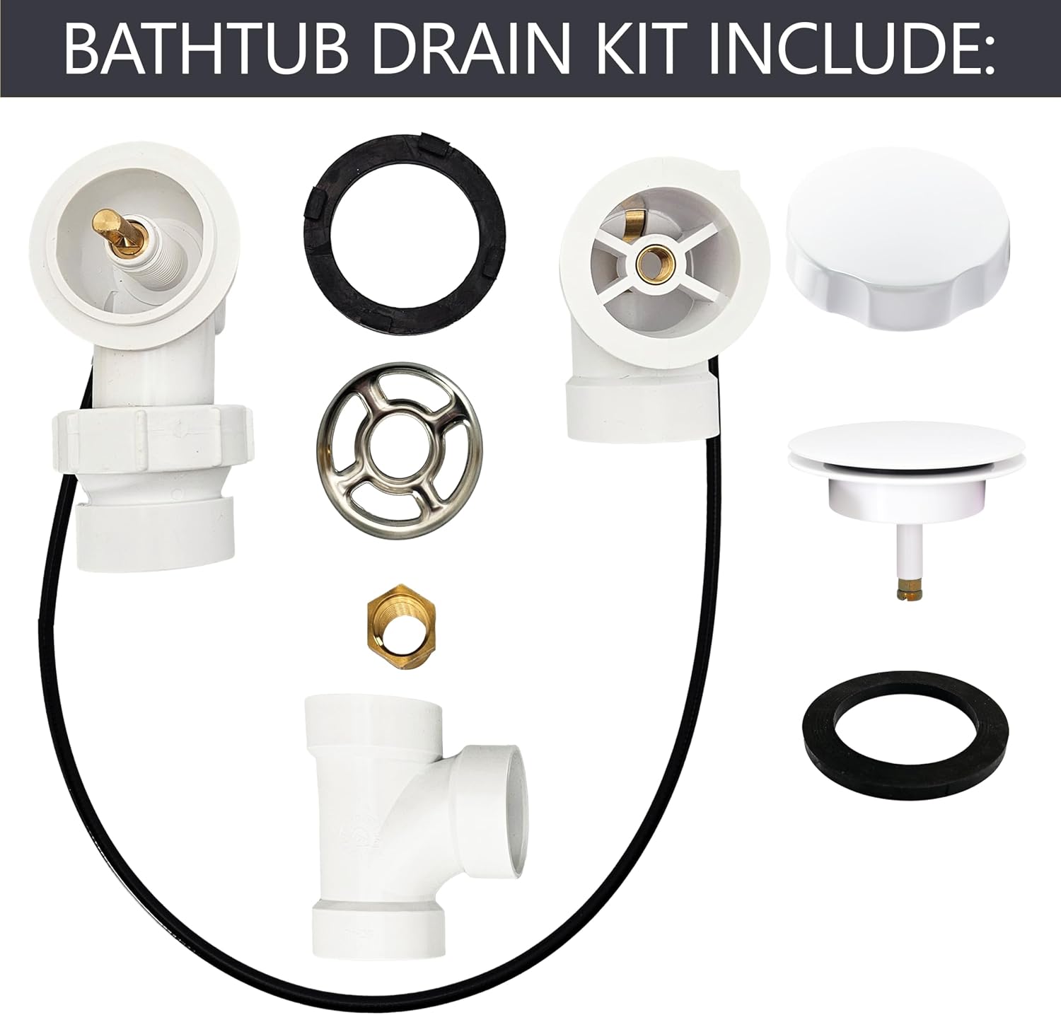 Westbrass D50P27BJ-50 27' Cable Drive Standard Bath Drain Trim Kit with Rotary Overflow Cover Knob on a Ball Joint Elbow, Pop-Up Stopper and Sch. 40 PVC Fittings, Powder Coat White