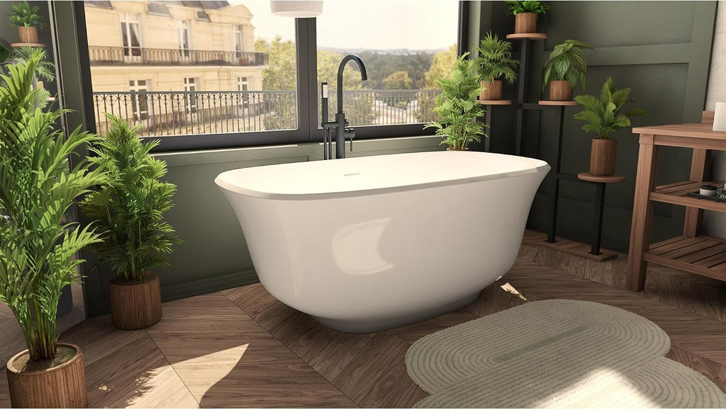 Elegance 59 in. L x 31 in. W x 23-5/8 in. H Freestanding Acrylic Bathtub, Brushed Brass Drain