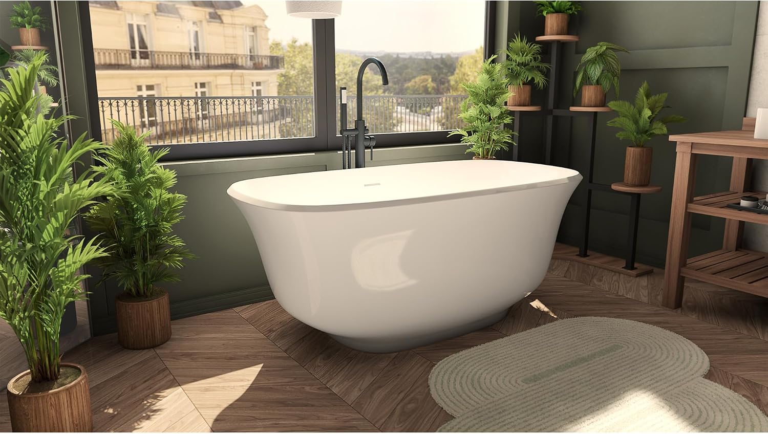 Elegance 59 in. L x 31 in. W x 23-5/8 in. H Freestanding Acrylic Bathtub, Brushed Brass Drain