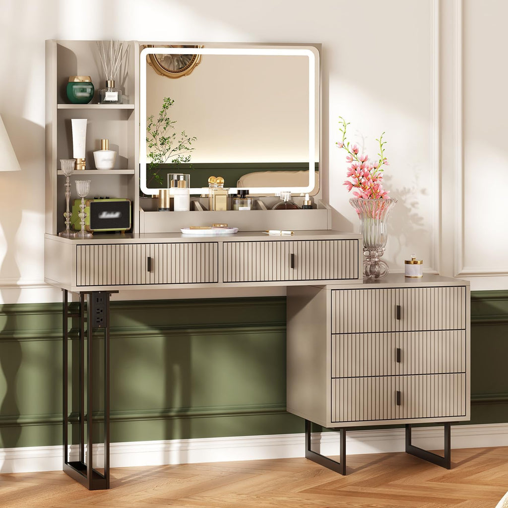 Ieejdn Large Vanity Desk with 3 Color Touch Screen Dimming Mirror, Vanity Desk with Charging Station, Modern Retractable Makeup Dressing Table, Makeup Table with Storage Shelves and 5 Sliding Drawers