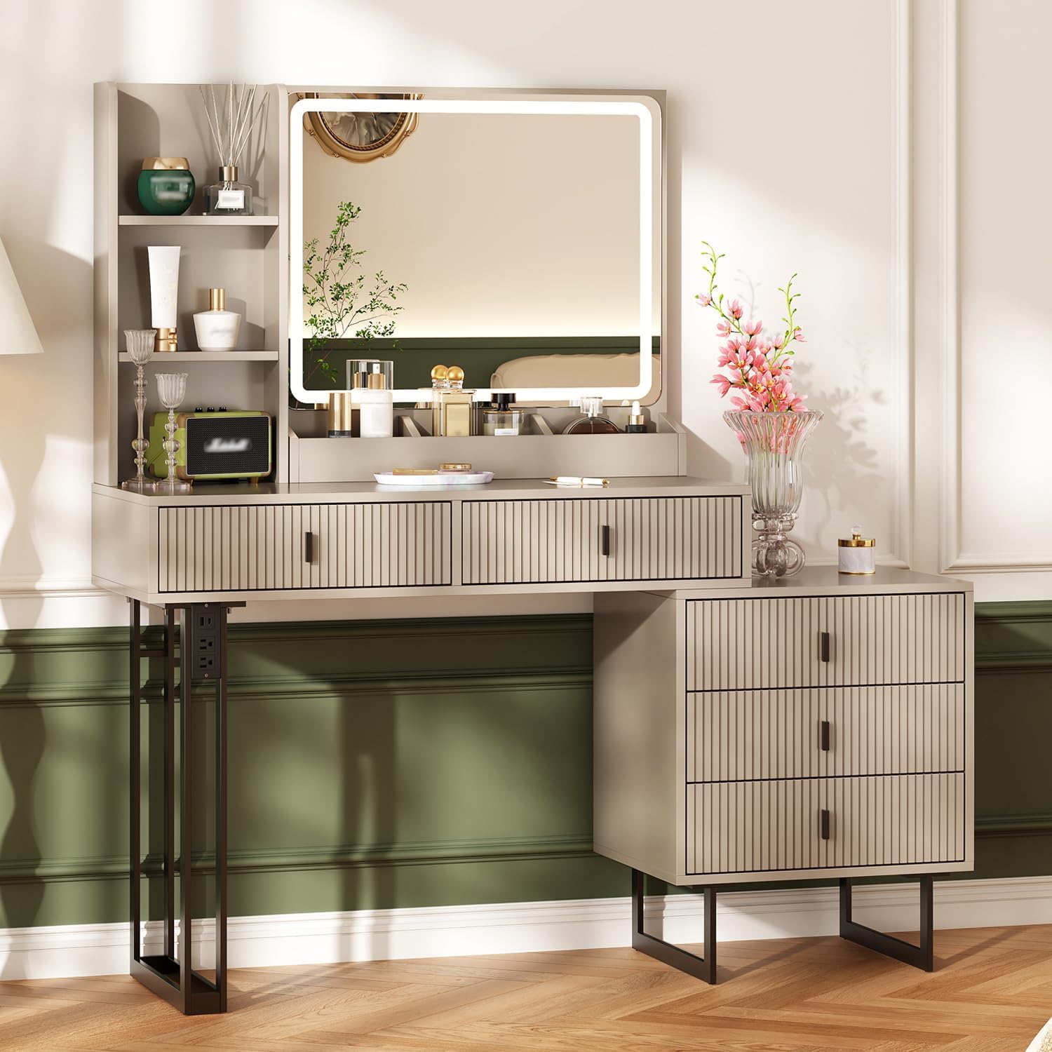 Ieejdn Large Vanity Desk with 3 Color Touch Screen Dimming Mirror, Vanity Desk with Charging Station, Modern Retractable Makeup Dressing Table, Makeup Table with Storage Shelves and 5 Sliding Drawers