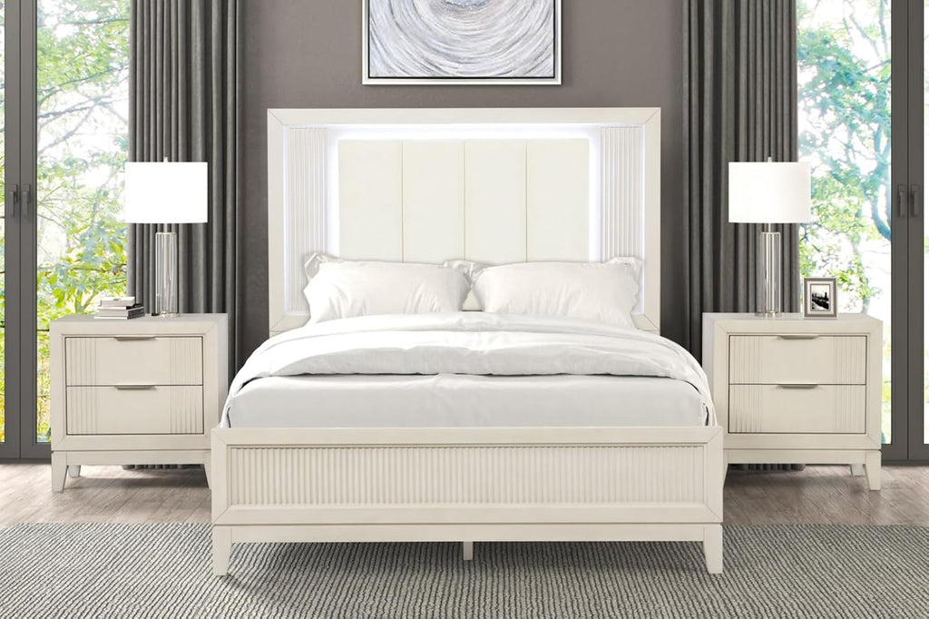 MASARA 3-Piece Transitional Bedroom Set, Antique White, King or Queen Bed with 2 Nightstands, Fluted Design, Birch Veneer and Solid Wood Construction (Queen)